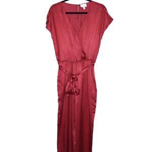 GREYLIN Inez Wrap Tie-Waist Jumpsuit Red Satin Textured V-Neck Women's M